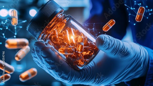 Wallpaper Mural A hand in a glove holds a jar of orange capsules, surrounded by floating particles, conveying a sense of scientific research and pharmaceutical innovation. Torontodigital.ca