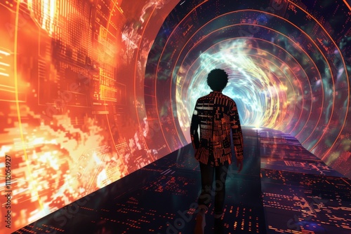 An individual moves forward in a vibrant, digital tunnel, exploring the blend of technology and imagination, symbolizing innovation, progress, and futuristic themes.