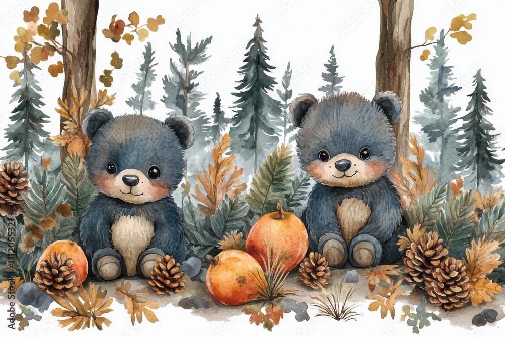 Two cute bear cubs surrounded by autumn foliage, pumpkins, and pine cones. Two cute bear cubs surrounded by autumn foliage, pumpkins, and pine cones.