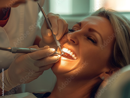 A close-up shot of a dentist performing a dental checkup on a patient. The patient is lying in a dental chair with the dentist using dental tools and a light for the examination in a modern clinic. photo