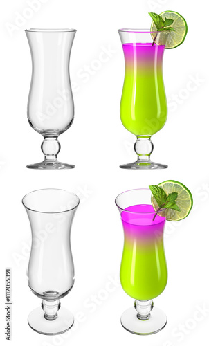 Hurricane glass with cocktail on isolated transparent background. Set of empty glasses and with drink in different angles. Beverage with lime and mint. Bar theme. 3d rendering.