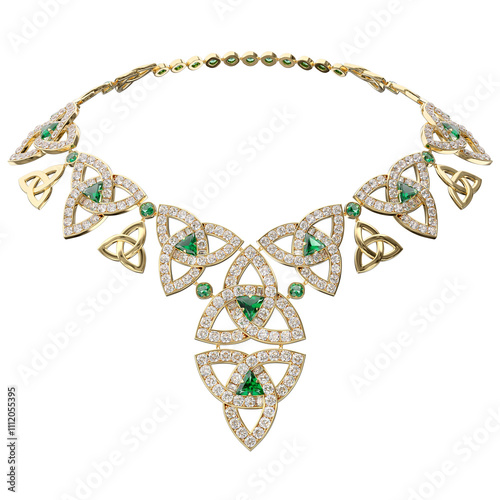 Luxurious necklace of diamonds and emeralds on the isolated transparent background. Irish style. Jewelry showcase. Close-up. 3d rendering.