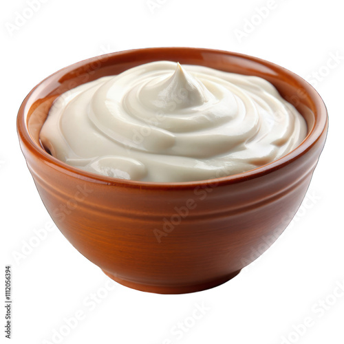 Sour cream or yogurt in wooden bowl isolated on transparent background