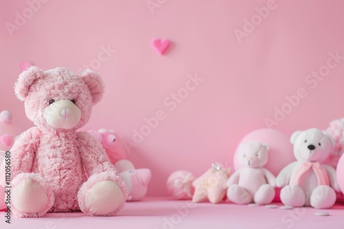 Charming pink plush teddy bears and heart motifs sit atop a monochromatic pink backdrop, evoking times of youthful affection and happy childhood experiences.