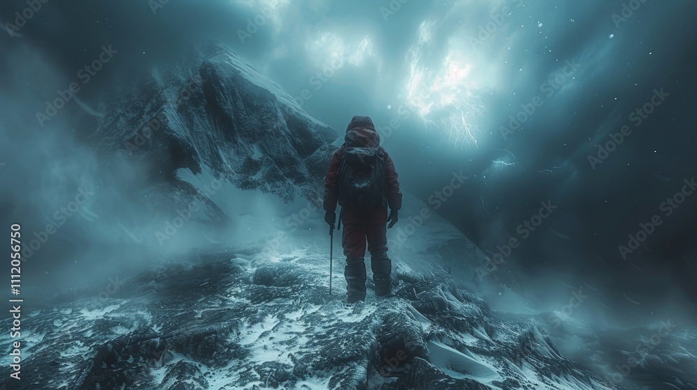 Lone Climber Facing a Stormy Mountain