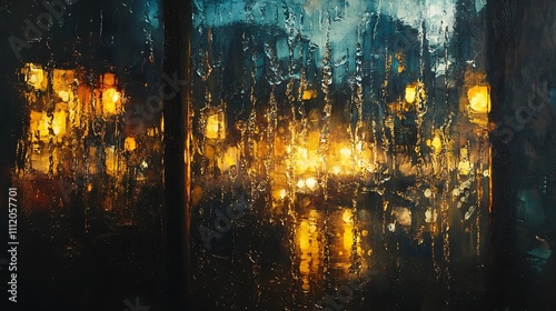 A window pane covered in glistening raindrops. Reflecting a dimly lit room with a hint of warm yellow light. Creating a cozy and nostalgic rainy day atmosphere.