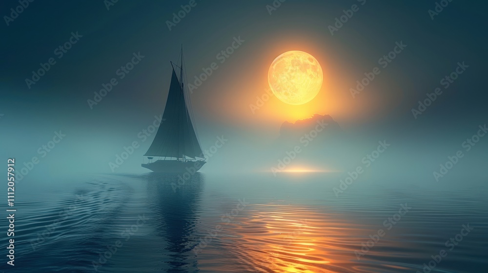 Fototapeta premium Sailboat Adrift Under a Full Moon