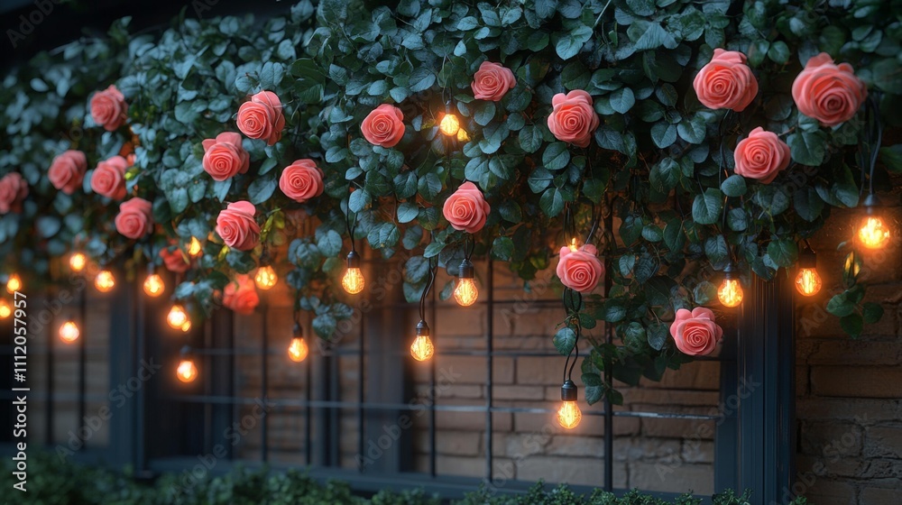 Garland of Roses and Fairy Lights Mockup. Generative AI Garland of Roses and Fairy Lights Mockup. Generative AI