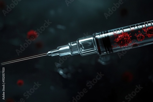 A 3D rendering of a syringe interacting with viruses, highlighting immunization and vaccine. AI generated image photo