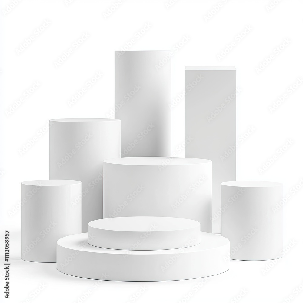 A collection of sleek white cylindrical and round displays arranged in a modern, artistic composition on a white background A collection of sleek white cylindrical and round displays arranged in a modern, artistic composition on a white background