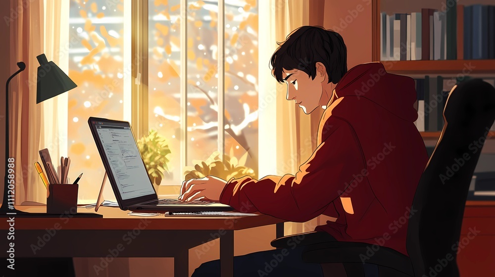 A student sitting at a desk in a cozy home environment, focused on their laptop, with a notebook and pen nearby, sunlight streaming through the window A student sitting at a desk in a cozy home environment, focused on their laptop, with a notebook and pen nearby, sunlight streaming through the window