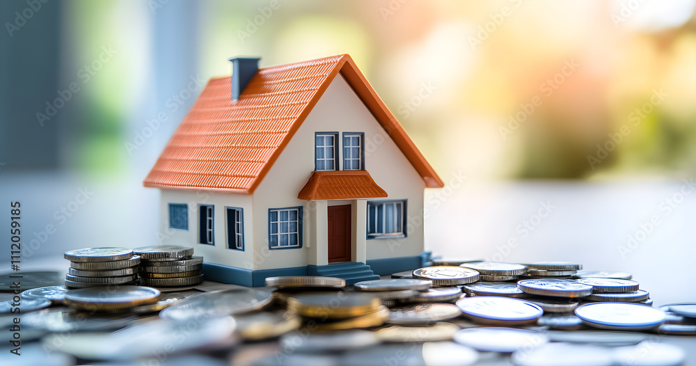 Model house surrounded by coins representing real estate investment and finance concepts