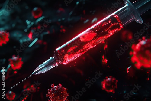 A 3D rendering of a syringe interacting with viruses, highlighting immunization and vaccine. AI generated image photo