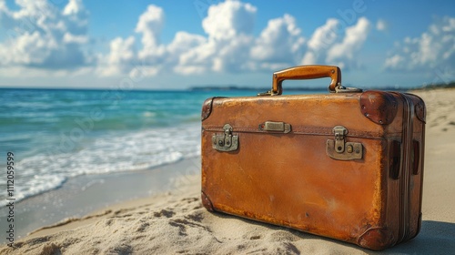 Vintage leather suitcase on sandy beach near turquoise sea, travel adventure concept, coastal scenery, sunny summer day, nostalgic holiday memories, wanderlust. photo