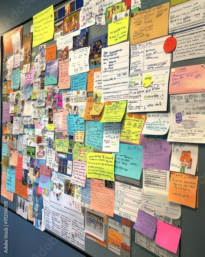 A colorful board filled with sticky notes and reminders for various tasks.
