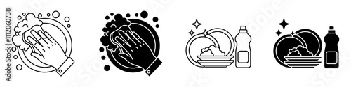 Washing dishes icon set.