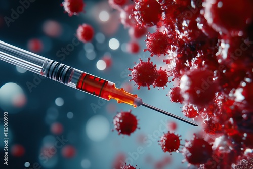 A 3D rendering of a syringe interacting with viruses, highlighting immunization and vaccine. AI generated image photo