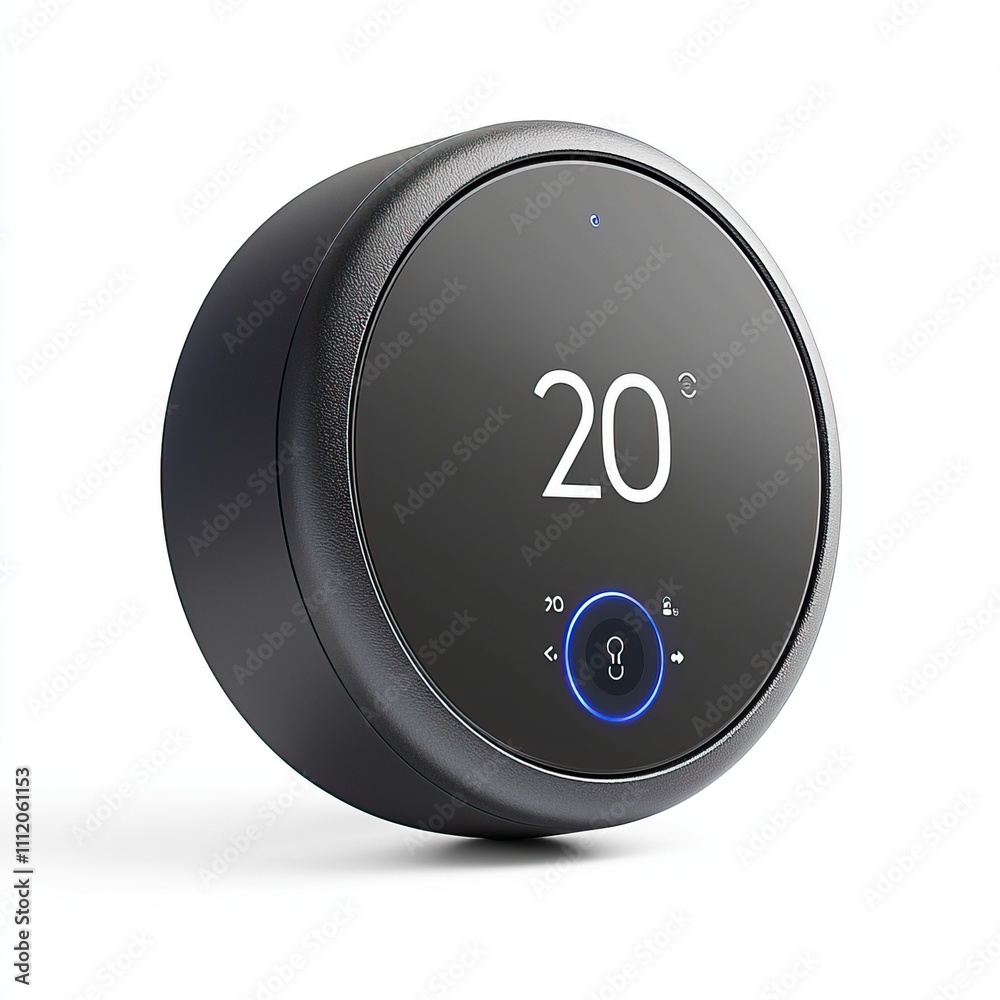 A compact round smart thermostat with a sleek design, displaying temperature settings in a modern home setting A compact round smart thermostat with a sleek design, displaying temperature settings in a modern home setting