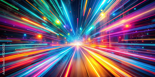 Vibrant light trails streak through a dark urban setting  creating an effect of rapid movement and energy. This display captures the dynamic essence of city nightlife and technology