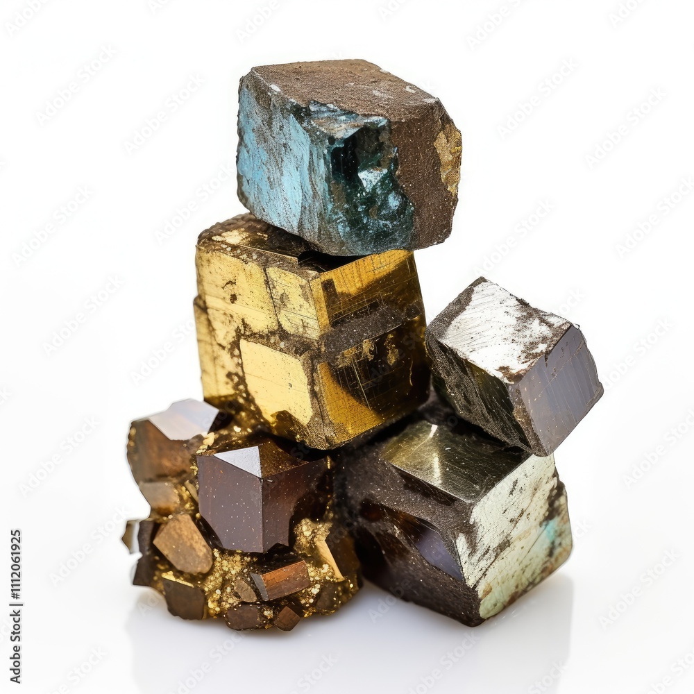 Stack of colorful pyrite and chalcopyrite crystals.