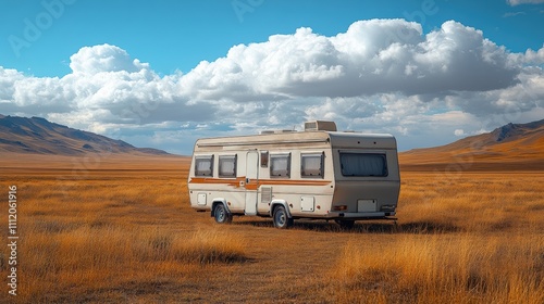 Travel trailer parked in scenic desert landscape with glowing sunset, outdoor adventure, recreational vehicle, road trip, camping lifestyle, remote nature, and golden hour.