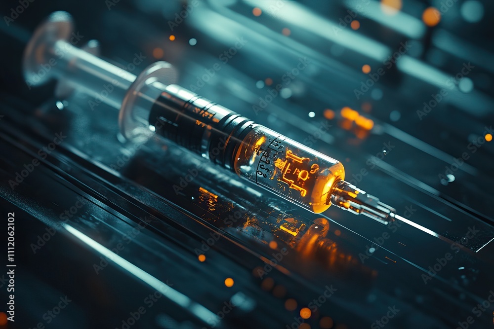 A visual depiction of a vaccine syringe interacting with viruses during a medical procedure. AI generated image