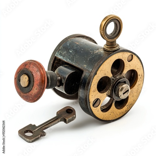 An antique wind-up toy with a distinctive key, showcasing intricate craftsmanship and nostalgic charm