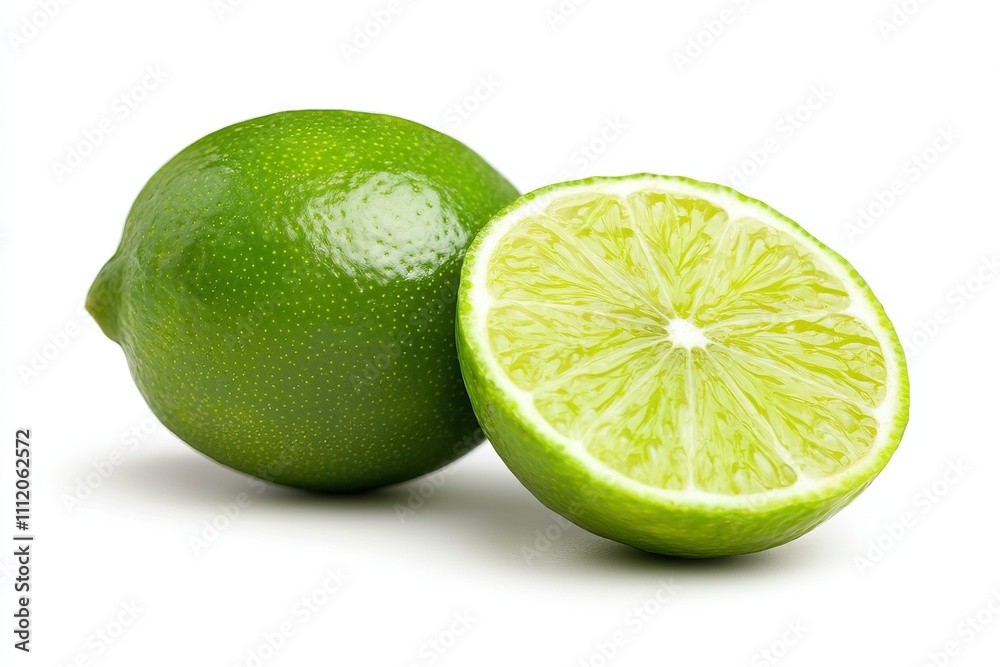 Isolated fresh lime with vibrant green skin and two juicy slices on a clean white background ready for culinary use or garnish decoration Isolated fresh lime with vibrant green skin and two juicy slices on a clean white background ready for culinary use or garnish decoration