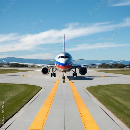 Airplane runway front view, day time, big size airplane, road for all types of plane.
