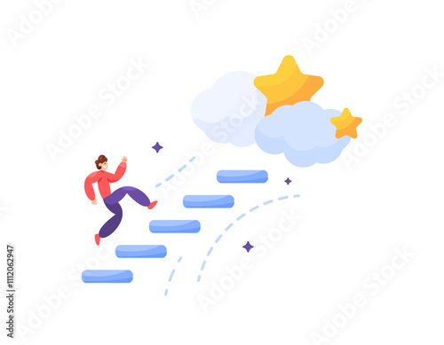 an illustration of a man running up the stairs to get to the top. striving for success, dreams, and goals. ambition and moving forward. concept of process and progress. flat style design. elements