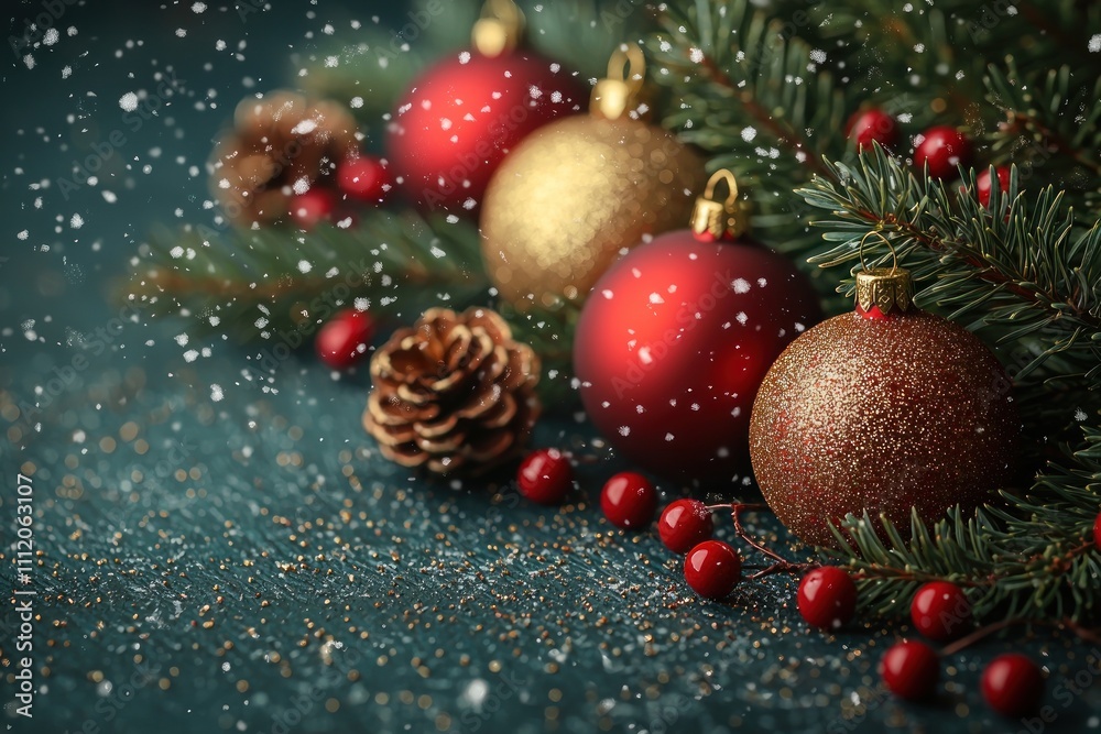 Red Christmas ornaments with glitter designs nestled in pine branches with falling snow against a dark festive background Generative AI Red Christmas ornaments with glitter designs nestled in pine branches with falling snow against a dark festive background Generative AI