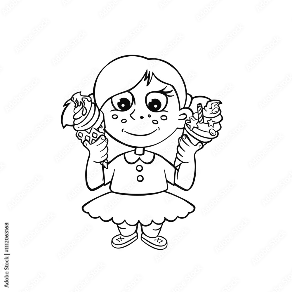A little girl happily holding two ice cream cones illustration