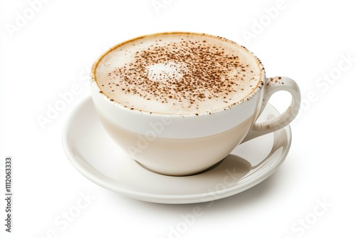 A freshly prepared cappuccino coffee served in a white cup on a round saucer against a plain white backdrop