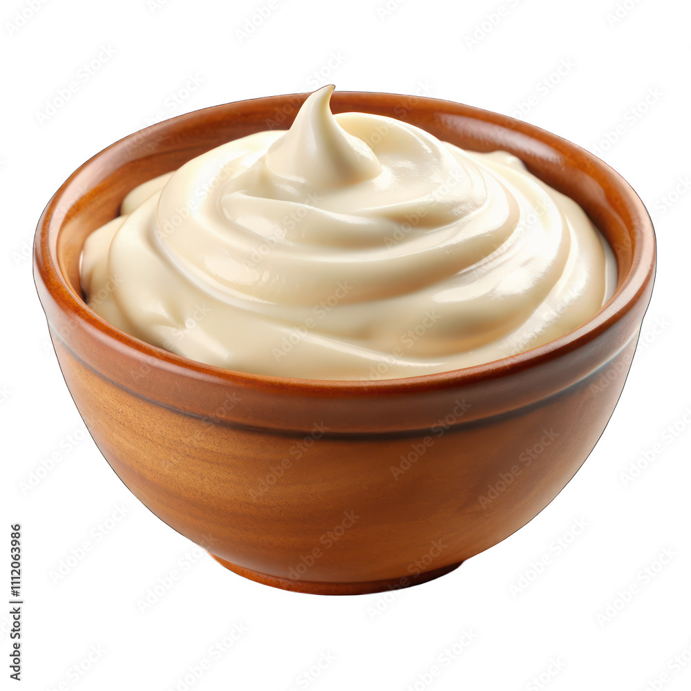 Sour cream or yogurt in wooden bowl isolated on transparent background Sour cream or yogurt in wooden bowl isolated on transparent background