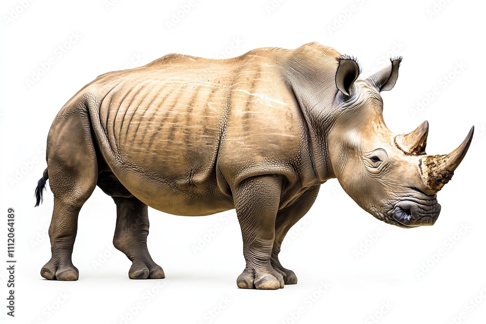 Fototapeta premium A majestic white rhinoceros standing gracefully in profile on a plain background, showcasing its powerful physique and distinct features