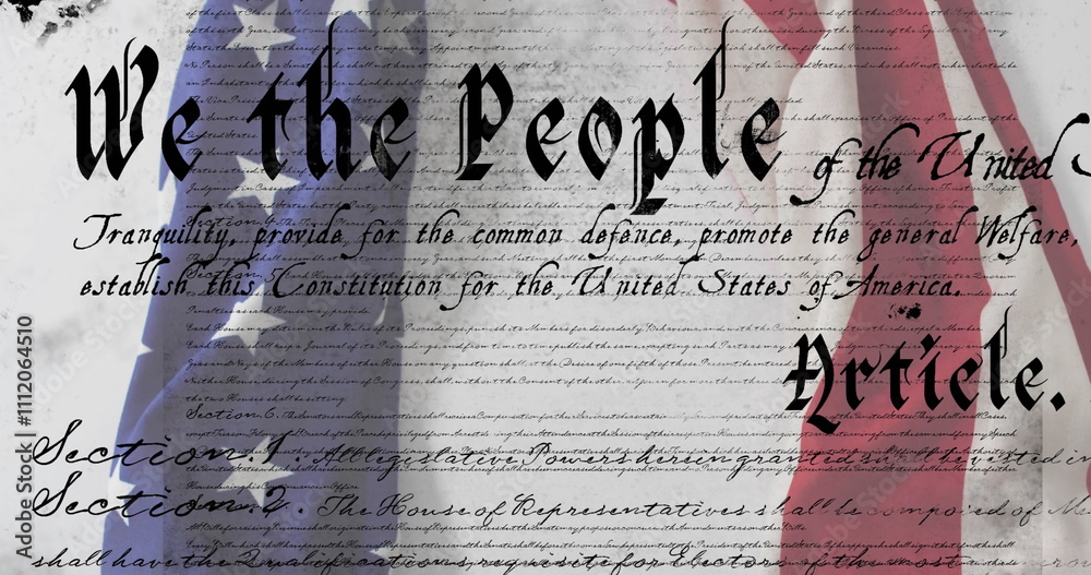Naklejka premium United States Constitution text with American flag image overlay