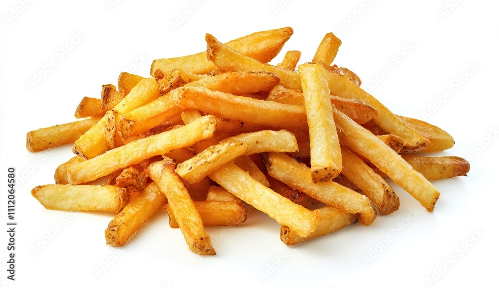 A fresh pile of crispy golden french fries isolated against a clean white backdrop, perfect for a snack time craving or side dish A fresh pile of crispy golden french fries isolated against a clean white backdrop, perfect for a snack time craving or side dish