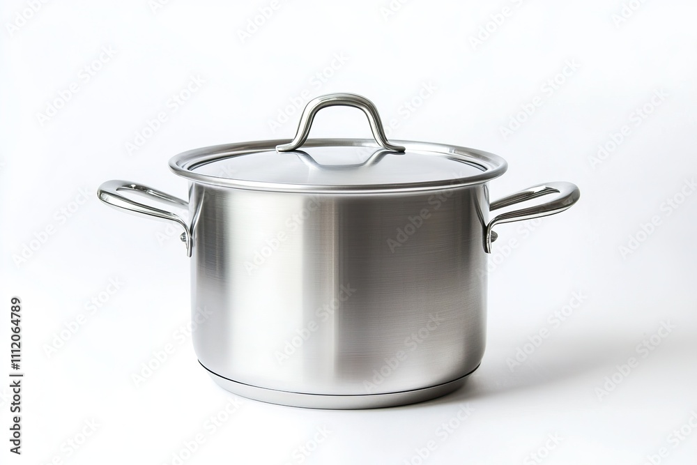 A shiny stainless steel pot with a lid, perfect for cooking a variety of dishes, isolated against a clean white background A shiny stainless steel pot with a lid, perfect for cooking a variety of dishes, isolated against a clean white background