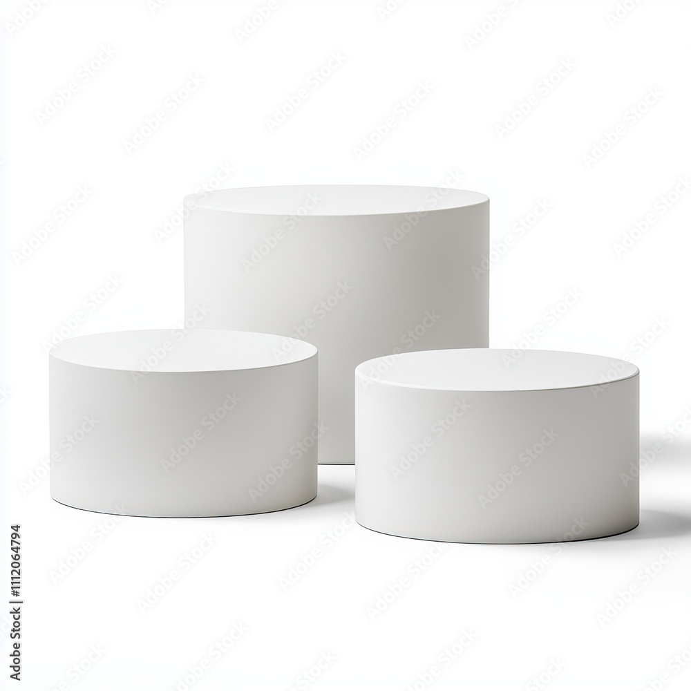 Modern trio of smooth matte white pedestals arranged for display in a contemporary gallery setting Modern trio of smooth matte white pedestals arranged for display in a contemporary gallery setting