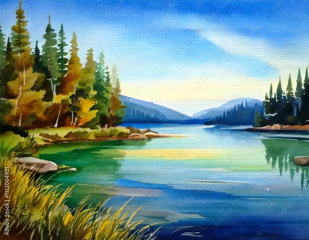 Fototapeta premium watercolor of a beautiful lake with empty copy space