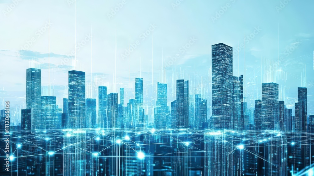 Futuristic cityscape with digital overlays and skyscrapers. Futuristic cityscape with digital overlays and skyscrapers.