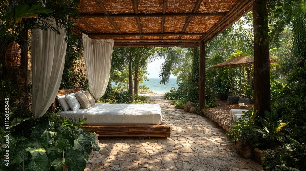 Obraz premium A serene outdoor space with a bed, surrounded by lush greenery and ocean views.