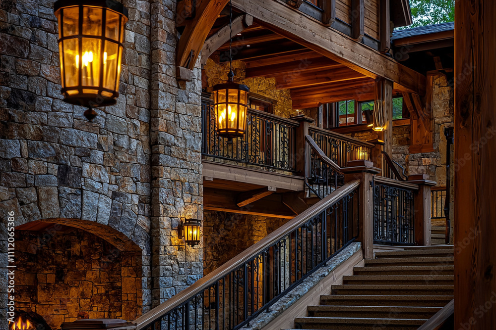 Elegant wooden staircase illuminated by lanterns in rustic lodge Elegant wooden staircase illuminated by lanterns in rustic lodge