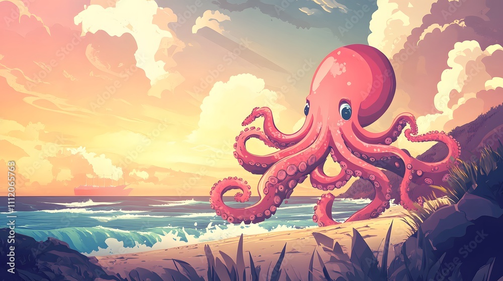 Octopus and beautiful sea view, amazing octopus commotion scene Octopus and beautiful sea view, amazing octopus commotion scene