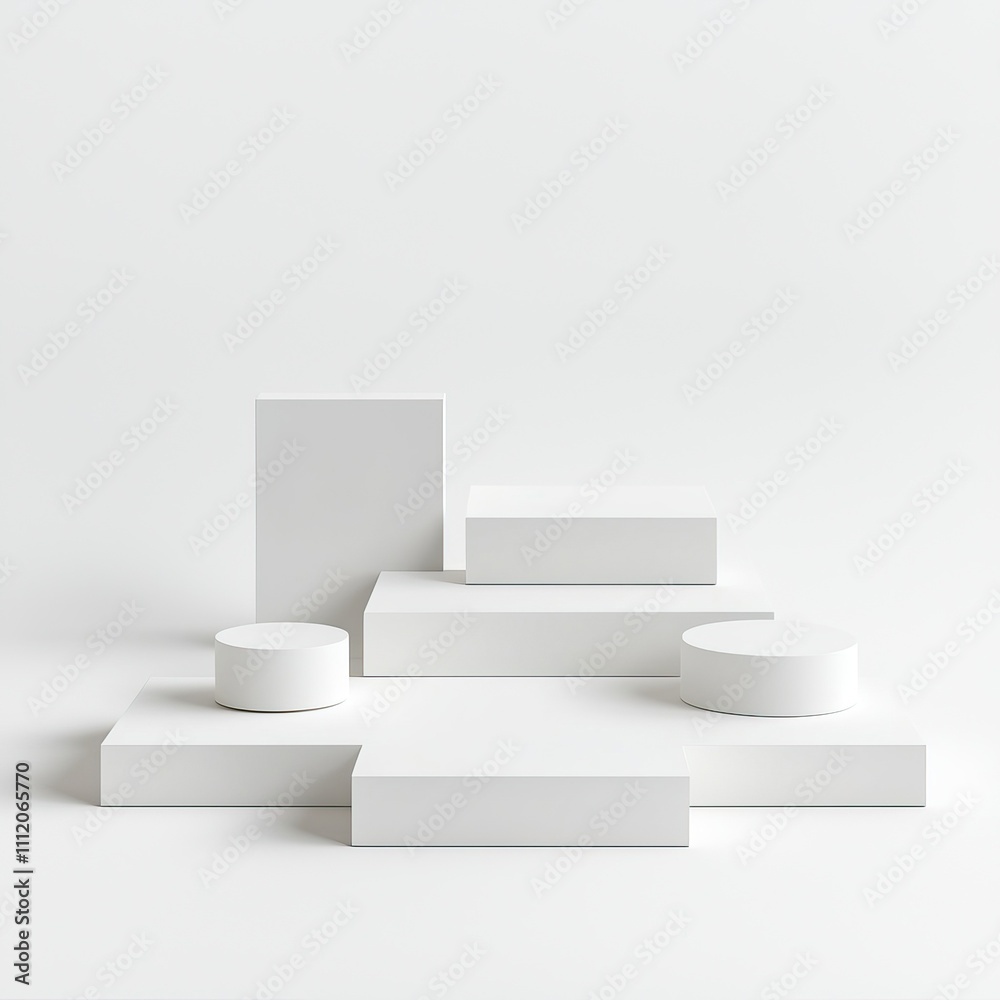 A collection of minimalistic white display blocks arranged artistically on a light background for modern design purposes A collection of minimalistic white display blocks arranged artistically on a light background for modern design purposes