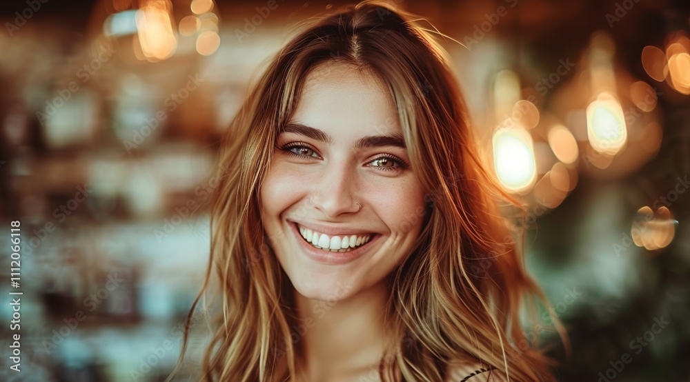 portrait of young smiling woman using laptop at cafe or in coworking portrait of young smiling woman using laptop at cafe or in coworking