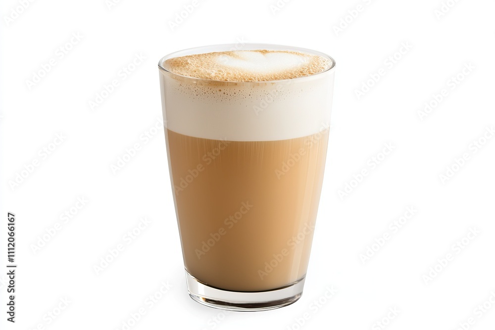 Cappuccino coffee served in a glass with frothy milk and espresso against a clean white background Cappuccino coffee served in a glass with frothy milk and espresso against a clean white background