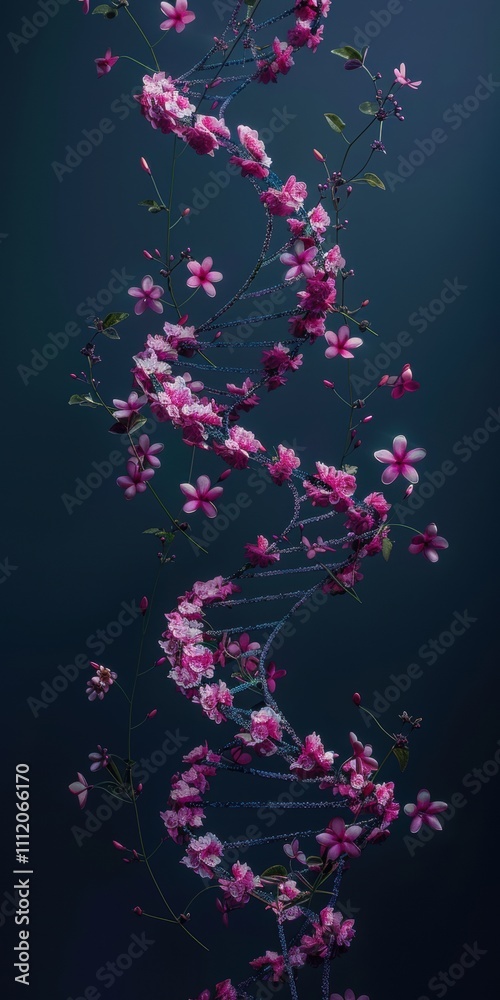 a dna helix made of flower blossom. piral arrangement of pink and red flowers floating against a dark, moody background. a dna helix made of flower blossom. piral arrangement of pink and red flowers floating against a dark, moody background.