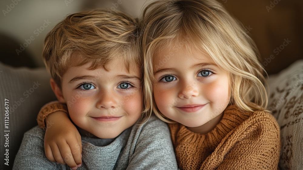 Adorable brother and sister hugging on cozy couch in warm living room, sibling love, childhood bonding, happy family, soft lighting, smiling faces, cute moment, comfort Adorable brother and sister hugging on cozy couch in warm living room, sibling love, childhood bonding, happy family, soft lighting, smiling faces, cute moment, comfort
