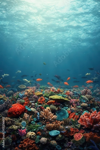 Vibrant underwater scene showcasing diverse coral and marine life. photo